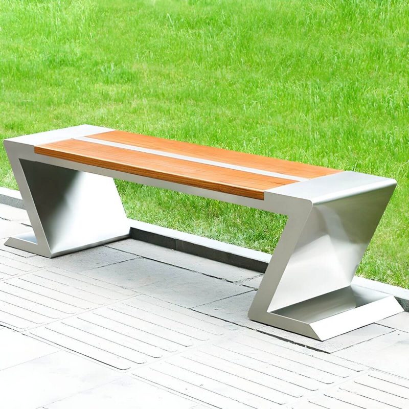 "Modern Garden Bench with Stainless Steel Frame and Waterproof Wood Seating - 65"L x 16"W x 17"H"