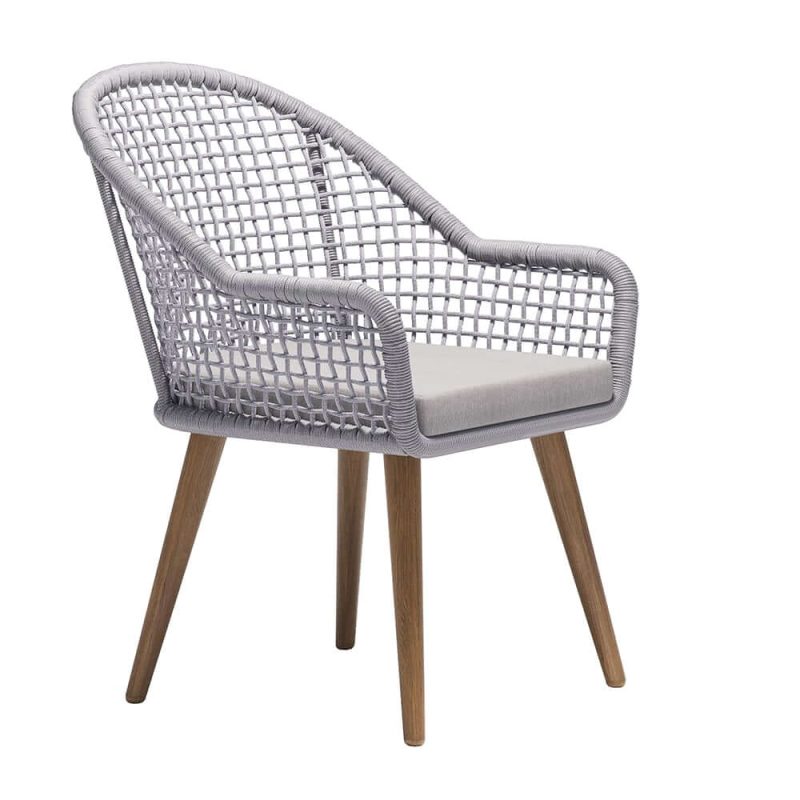"7 Pieces Teak Round Outdoor Concrete Dining Set with Gray Table Woven Armchair 6-Person"