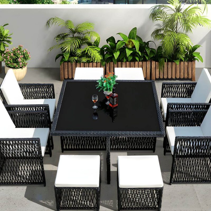 "Stylish Weatherproof Glass-top Patio Dining Set with Upholstered Chairs - Table & Chair(s) 47.2"L x 47.2"W x 29.5"H 4 Black"