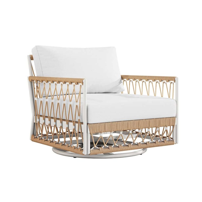 "Ropipe Outdoor Swivel Chair with Hand Woven Rope in Khaki & White"
