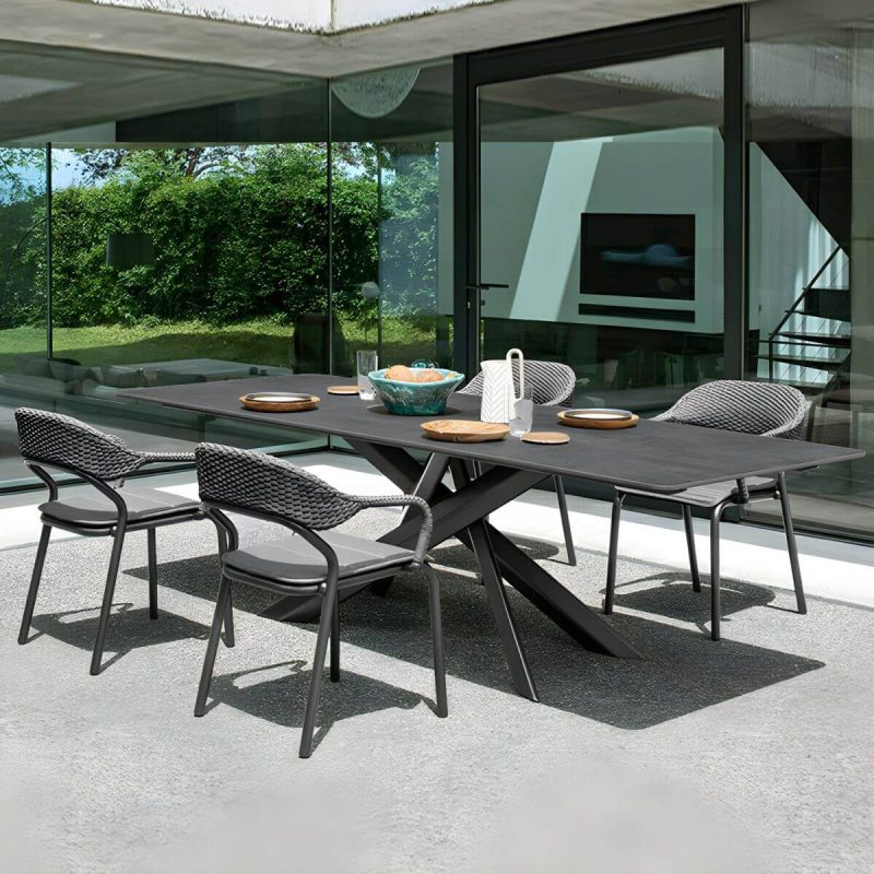 "Modern Gray Metal Patio Dining Arm Chair with Wicker Rattan Back - 2 Piece Set"