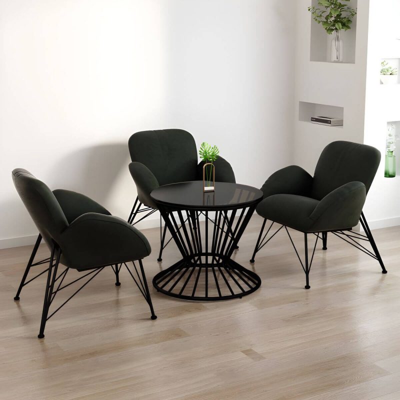 "Contemporary Outdoor Dining Table Furniture Set with Black Round Top for Courtyard - Table & Chair(s) 3 Army Green"