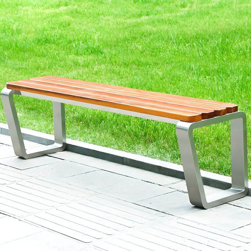 "Modern Garden Bench with Stainless Steel Frame and Waterproof Wood Seating - 59"L x 15"W x 18"H"