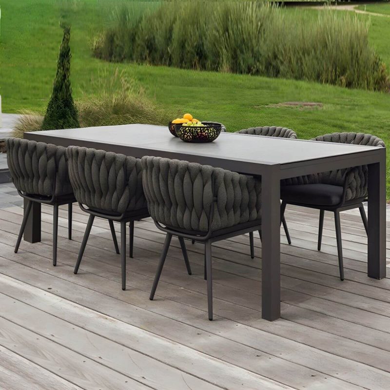 "Modern Gray Aluminum Arm Chair with Sling Back for Outdoor Dining - 6 Piece Set"