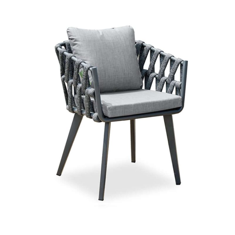 "Set of 2 Hand Woven Rope Outdoor Patio Dining Chair with Cushions in Gray"