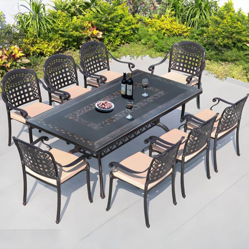"Weatherproof Mid-Century Modern Brown Metal Rectangular Patio Dining Set - Table & 8 Chairs 74"L x 39.4"W x 29.5"H"