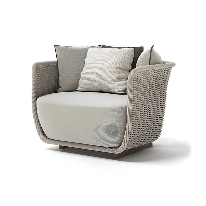 "Waterproof Wicker/Rattan Modern Sofa with Upholstered Cushions and Pillows - Teak Frame - Apricot 1-Seater Sofa"