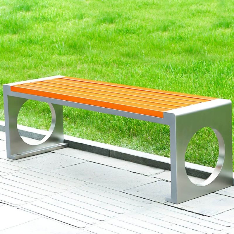 "Modern Garden Bench with Stainless Steel Frame and Waterproof Wood Seating - 56"L x 17"W x 18"H"