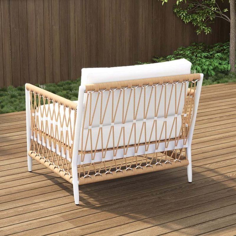 "Ropipe Outdoor Armchair with Hand Woven Rope & White Polyester Cushion"