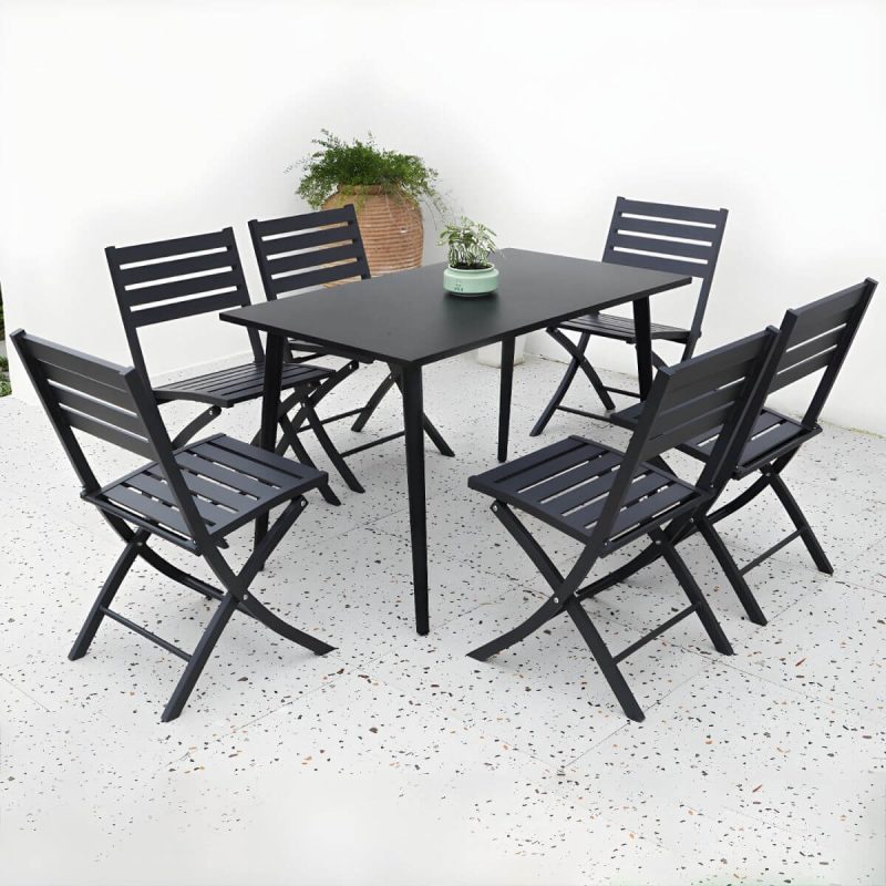 "Metal Modern Folding Patio Dining Set with Strap Back Chairs - Table & Chair(s) 47"L x 28"W x 28"H 6 Black"
