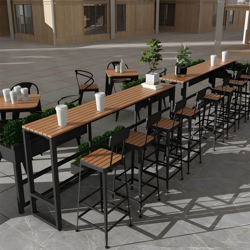 "Brown Faux Wood Bar Height Table Industrial Rectangle Patio Table - 78.7"L x 15.7"W x 41.3"H Table Only"
