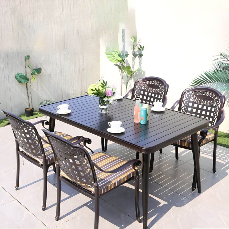 "Modern Brown Patio Dining Set with Upholstered Chairs and Weatherproof Metal Frame - Table & Chair(s) 59.1"L x 35.4"W x 29.5"H 4"
