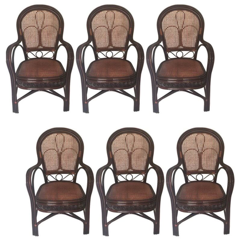 "Traditional 40.55" Height Solid Color Rattan Outdoor Dining Armchair - Brown 6 Piece Set"
