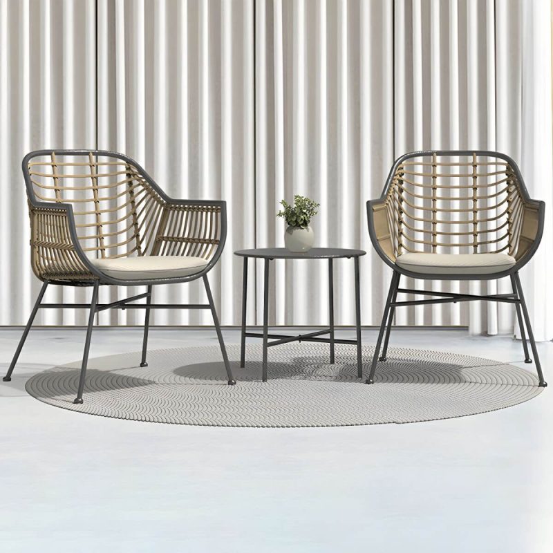 "Black Modern Weatherproof Round Patio Dining Set with Upholstered Chairs - Table & Chair(s) 2"