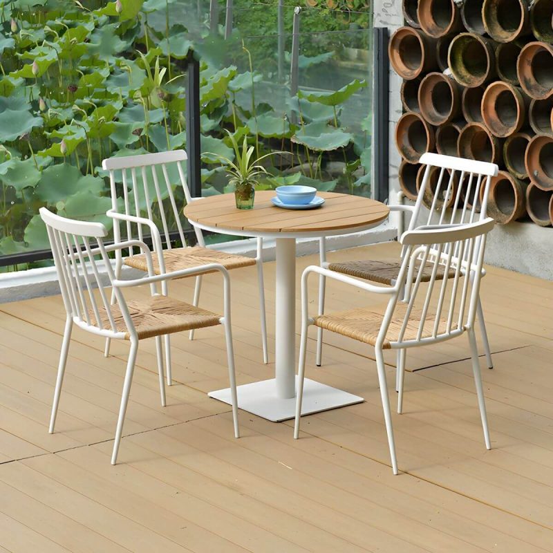 "Tropical Metal Arm Chair with Corrosion Resistant Construction for Outdoor Dining - Black 8 Piece Set"