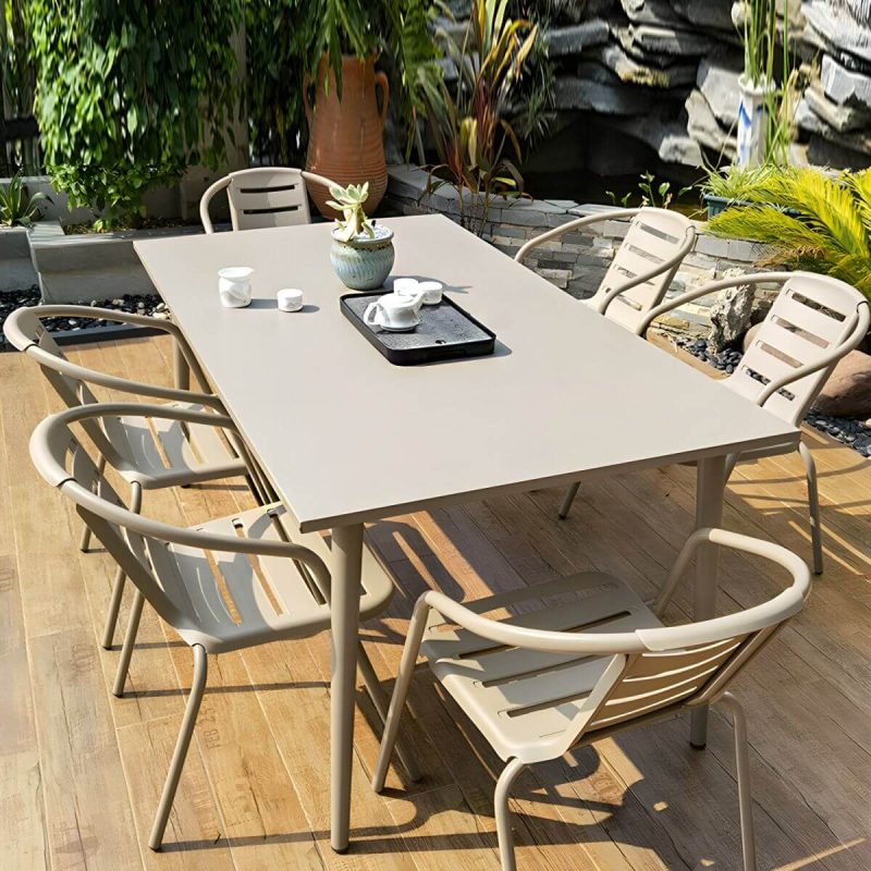 "Stackable Beige Metal Arm Chair with Waterproof Durability - Modern Style - 6 Piece Set"