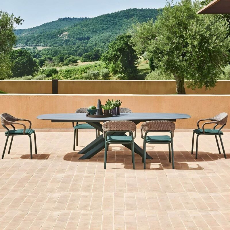 "Grey Stone Top Metal Frame Patio Dining Table without Umbrella Hole - 94.5"L x 39.4"W x 29.1"H Table Only"