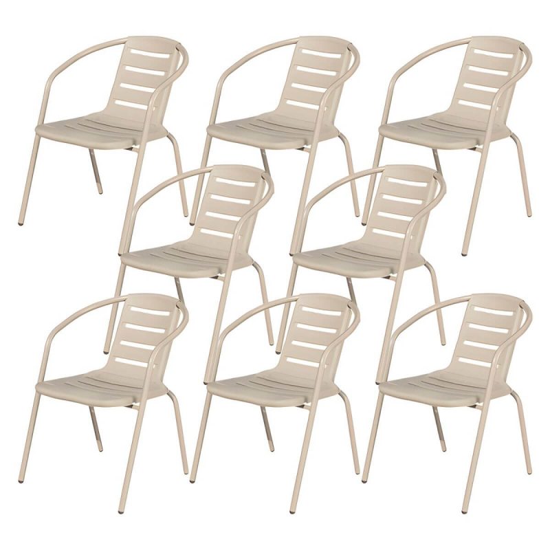 "Stackable Beige Metal Arm Chair with Waterproof Durability - Modern Style - 8 Piece Set"