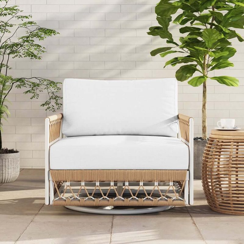 "Ropipe Outdoor Swivel Chair with Hand Woven Rope in Khaki & White"