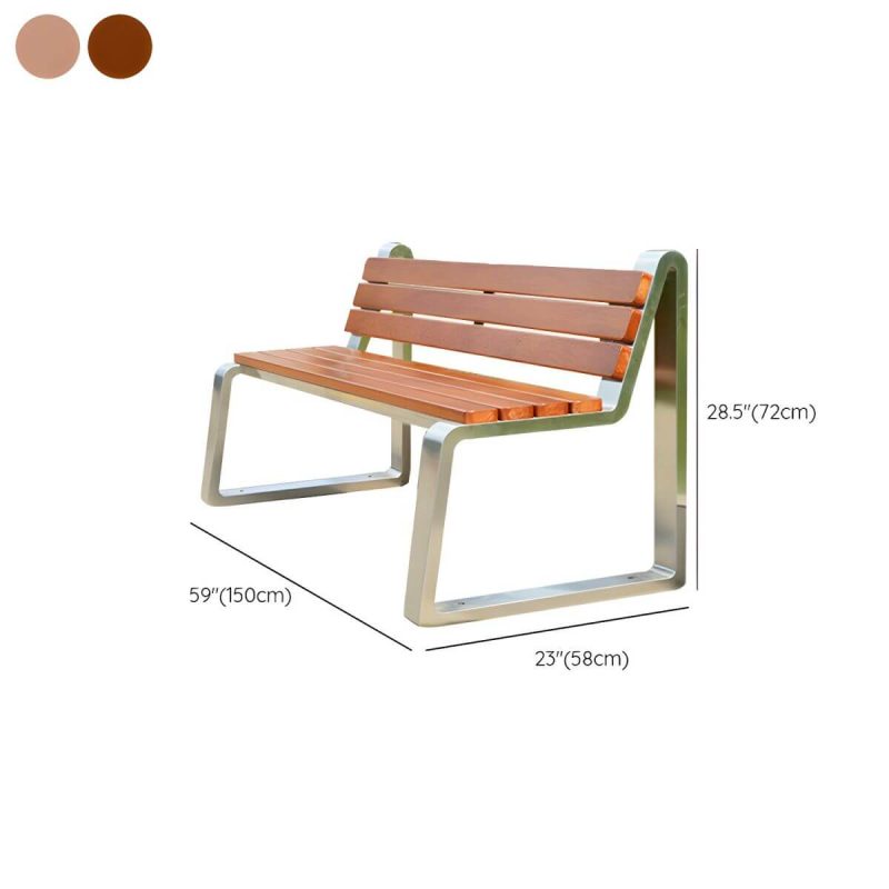 "Dimension of Stainless Steel Metal Park Bench with Brown Wood Seating and Back - Brown"
