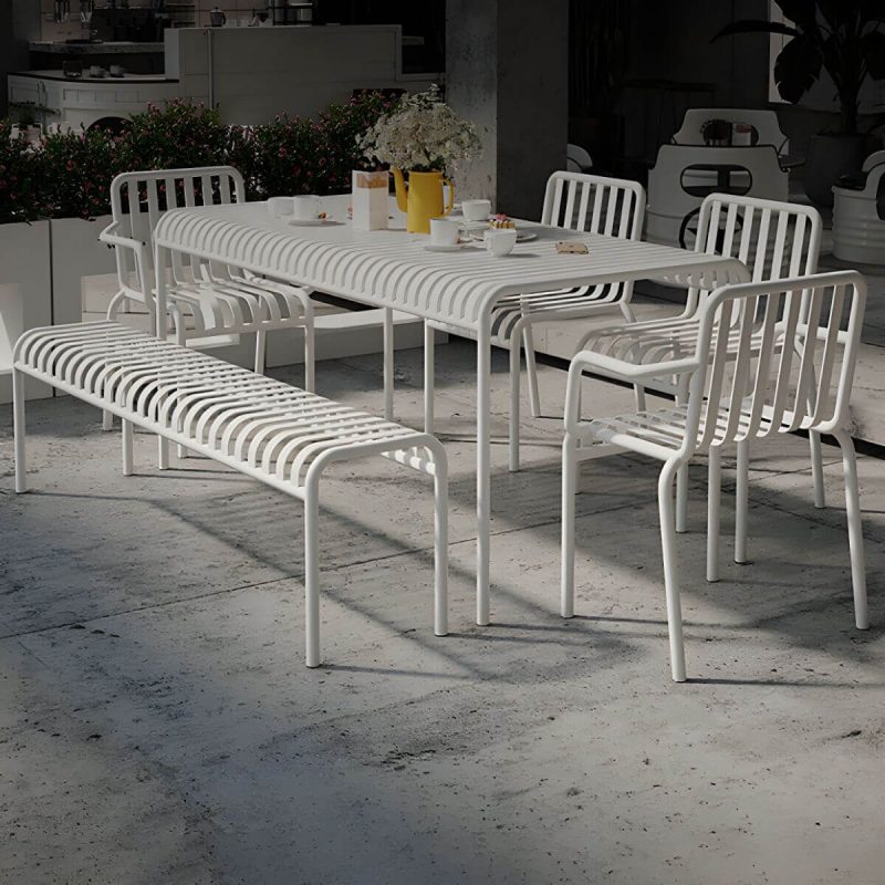 "White Metal Modern Patio Dining Table Waterproof Design without Umbrella Hole - 47.2"L x 27.6"W x 29.5"H Table Only"