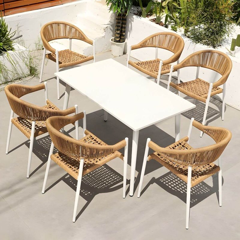 "Elegant Weatherproof White Metal Patio Dining Set with Stackable Chairs - Table & Chair(s) 47"L x 28"W x 28"H 6"