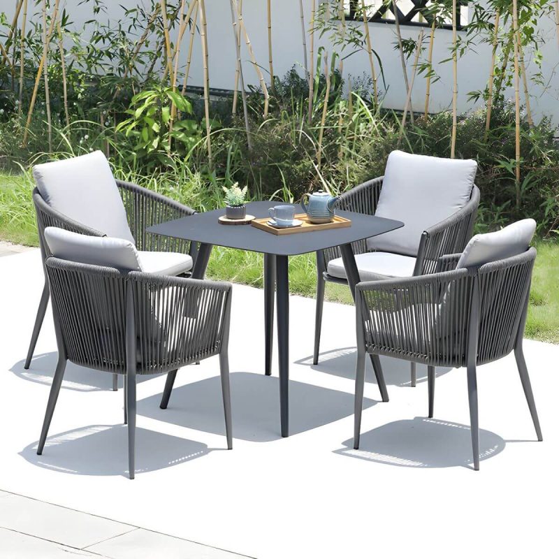 "Contemporary Dining Table Set with Woven Chairs for Courtyard - Table & Chair(s) 80 x 80 x 74 cm 4"