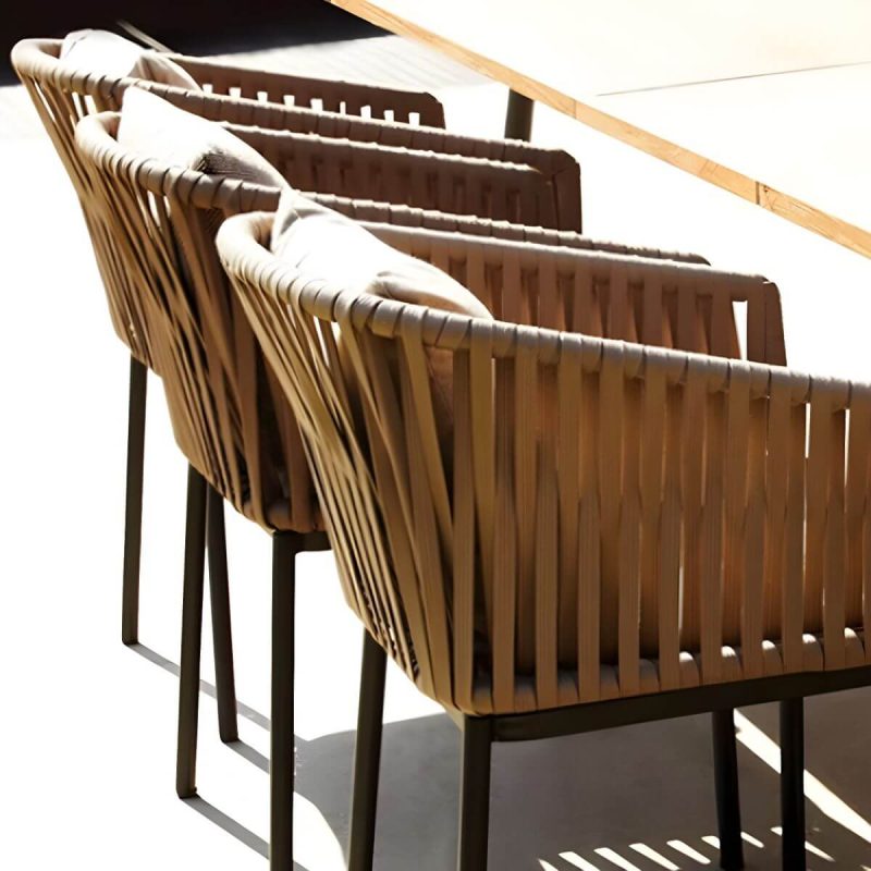 "Modern Metal Arm Chair with Brown Wicker Back and Rust-Resistant Steel Frame for Patio Dining - 6 Piece Set"