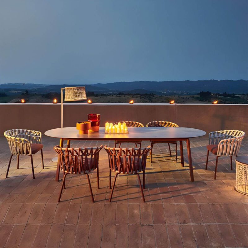 "Contemporary Style Stone Patio Table Oval Shape with Metal Legs in Grey/White - Table Only 63"L x 31.5"W x 29.5"H White"