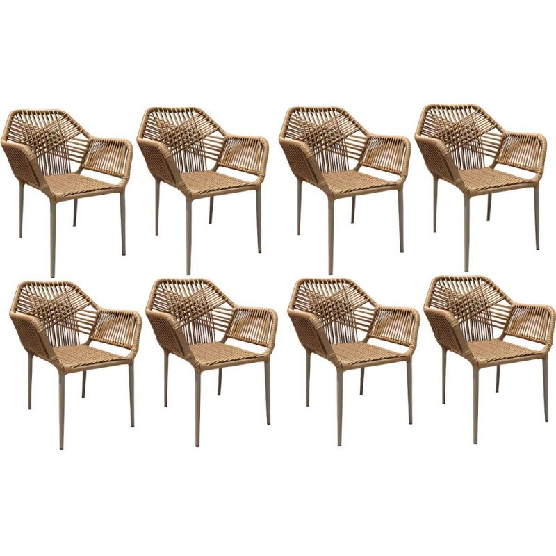"Modern Metal Arm Chair with Beige Plastic Back and Stackable Design for Patio Dining - 8 Piece Set Brown"