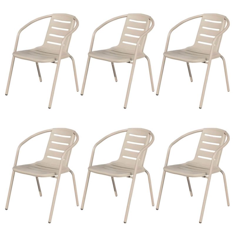 "Modern Rust Resistant Brown Metal Stackable Arm Chair for Outdoor Dining - 6 Piece Set"