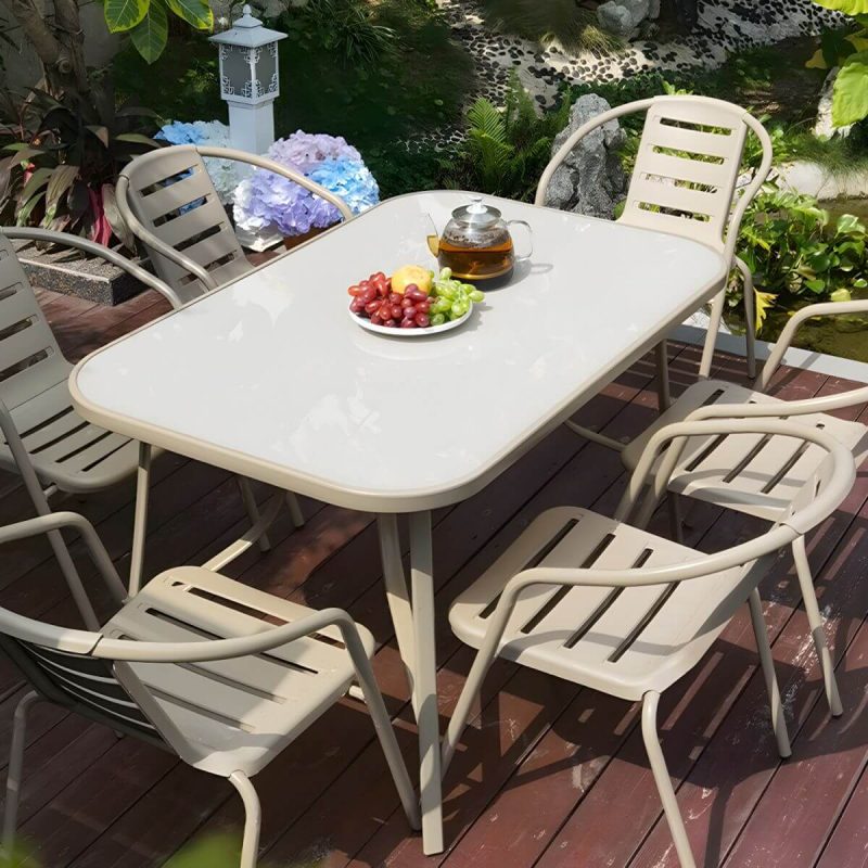 "Stackable Beige Metal Arm Chair with Waterproof Durability - Modern Style - 6 Piece Set"