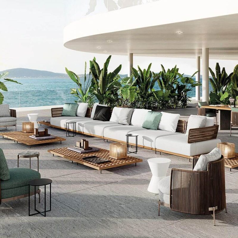 "Vibrant Orange Linen Fabric Outdoor Sofa Seating Group with 3 Tables, 8-Piece Set, 8-Piece Set (3 Chairs & 2 Corner Sofas & 3 Coffee Tables)"