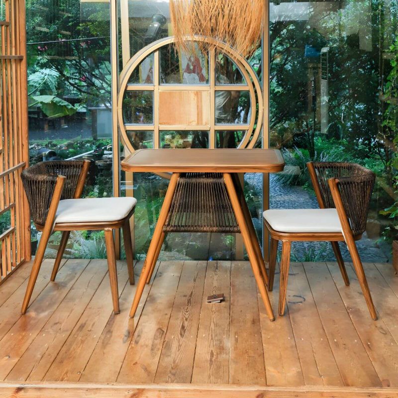 "Coastal Aluminum Arm Chair with Brown Wicker Back and Beige Cushions for Patio Dining - Brown 2 Piece Set"