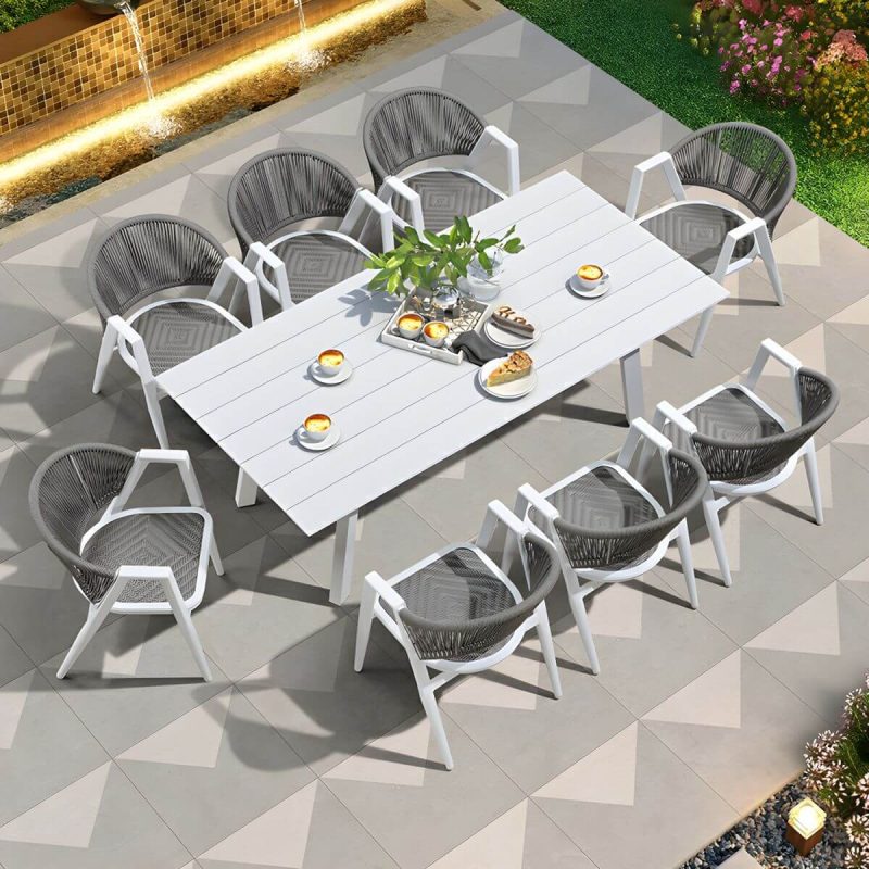 "Mid-Century Modern Metal Patio Dining Set with Non-Upholstered Wicker Chairs - Table & 8 Chairs 81"L x 39"W x 28"H Gray-White"