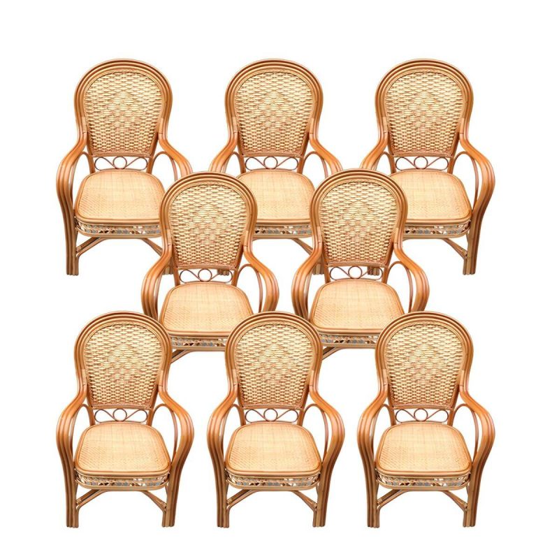"Traditional Patio Dining Armchair in Rattan Single Outdoor Chair - Brown/ Yellow Hollow 8 Piece Set"