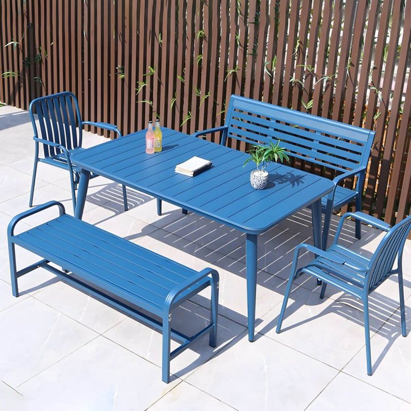 "Sleek Metal Outdoor Dining Set Rectangular Table with 2 Stylish Benches - Table & 2 Chairs & 2 Benches 59"L x 35"W x 29"H Blue"