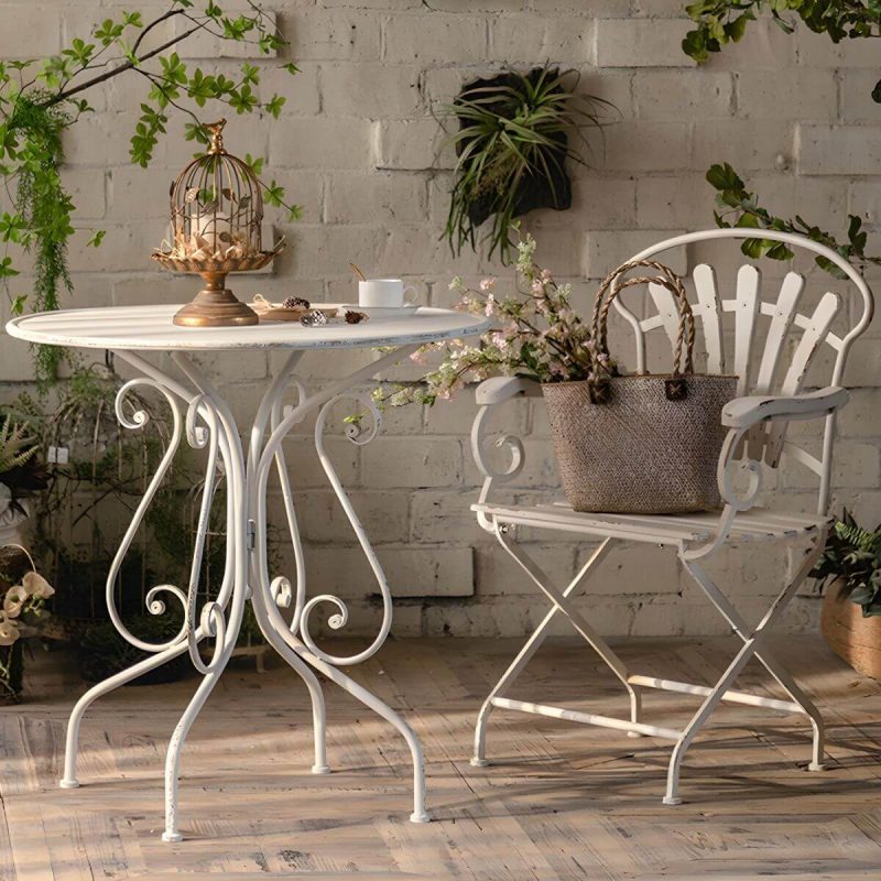 "Iron Round Dining Table French Country Round Patio Table in White - Table Only 31"L x 31"W x 32"H"