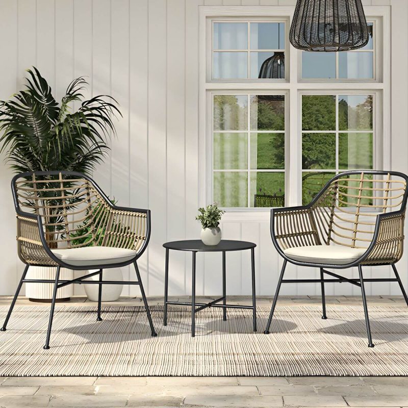 "Black Modern Weatherproof Round Patio Dining Set with Upholstered Chairs - Table & Chair(s) 2"