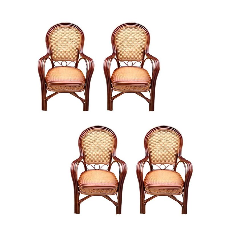 "Traditional Patio Dining Armchair in Rattan Single Outdoor Chair - Coffee Rattan Weaving 4 Piece Set"
