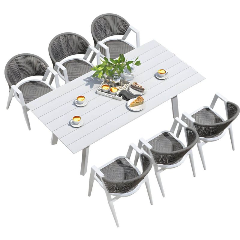"Mid-Century Modern Metal Patio Dining Set with Non-Upholstered Wicker Chairs - Table & 6 Chairs 81"L x 39"W x 28"H Gray-White"