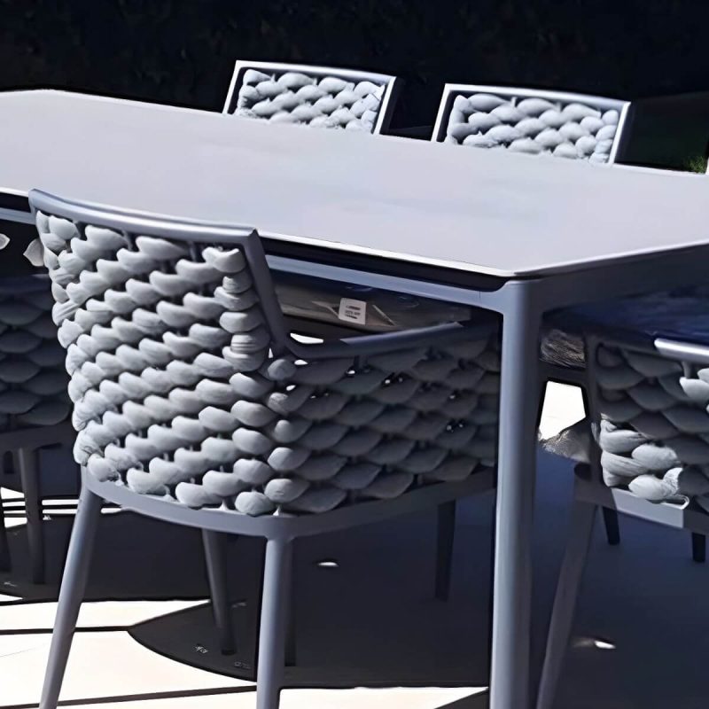 "Modern Grey Stone Patio Dining Table with Waterproof Durability and Umbrella Hole - 70.9"L x 35.4"W x 29.5"H Table Only"