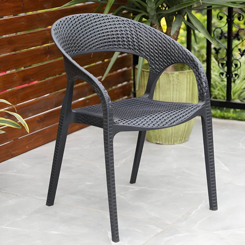 "Black Plastic Outdoor Chair Tropical Dining Armchair Stacking Armchair - 4 Piece Set"