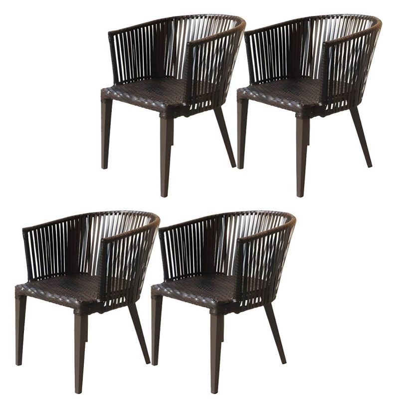 "Traditional Brown Wicker Arm Chair with Wicker Back for Patio Dining, UV Resistant and Non-Swivel - 4 Piece Set"
