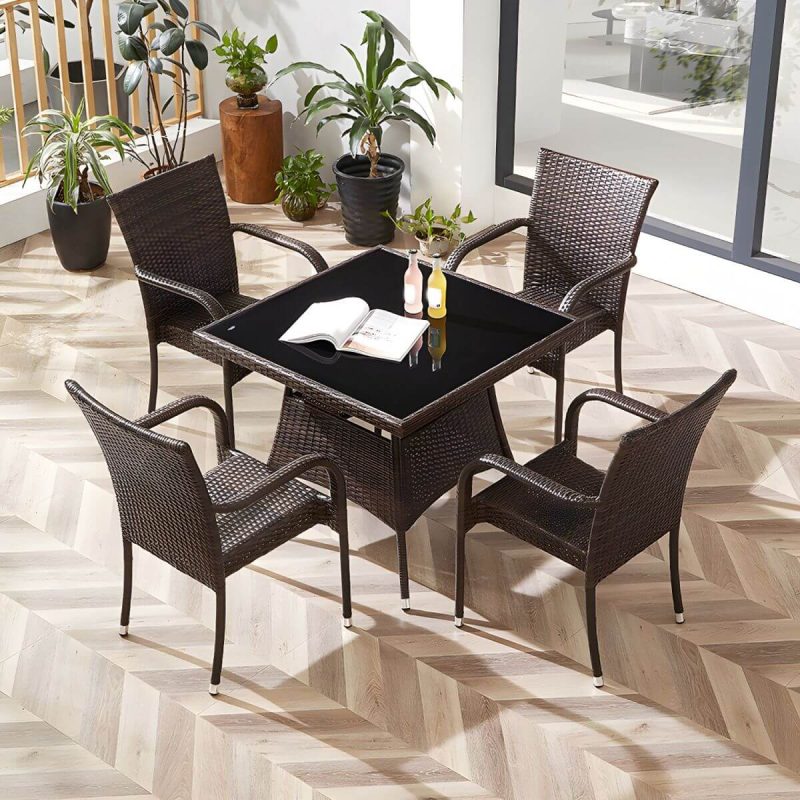 "Modern Style Dining Set Glass Top 5/7 Pieces Water Resistant Dining Set - Table & Chair(s) 4 Square Black"