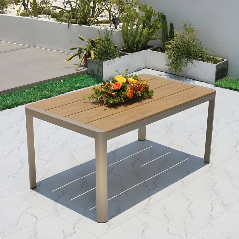 "Brown Wood Modern Patio Dining Table with Aluminum Frame - UV Resistant - Table Only 63.8"L x 35.4"W x 29.5"H"
