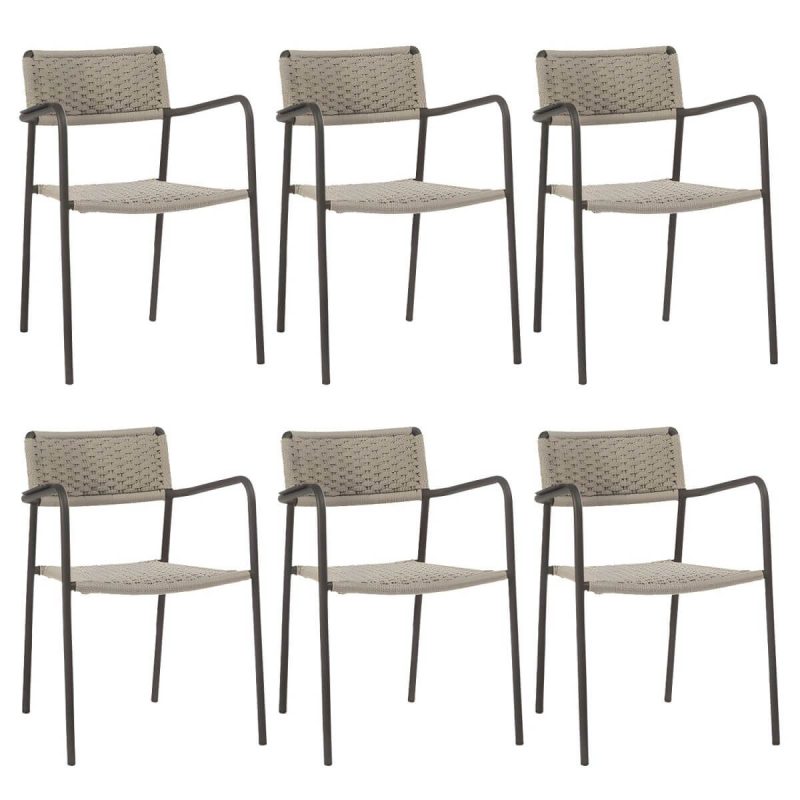 "Rattan Contemporary Aluminum Stacking Patio Arm Chair in Gray - 0.06" Aluminum Frame 6 Piece Set"