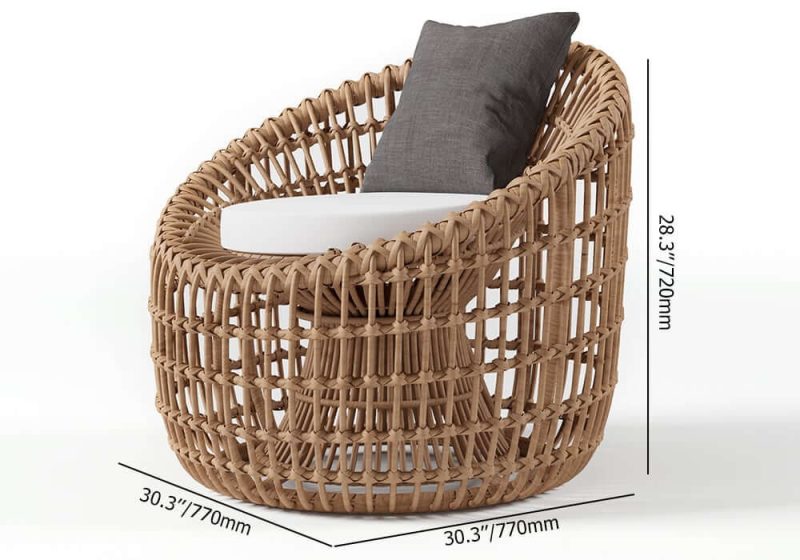 "Dimension of Austen Rattan Outdoor Barrel Chair Nest Shape Sidechair with Cushion in Brown"