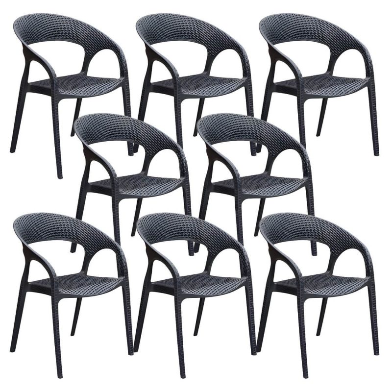 "Black Plastic Outdoor Chair Tropical Dining Armchair Stacking Armchair - 8 Piece Set"