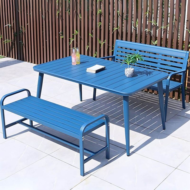 "Sleek Metal Outdoor Dining Set Rectangular Table with 2 Stylish Benches - Table & 2 Benches 59"L x 35"W x 29"H Blue"